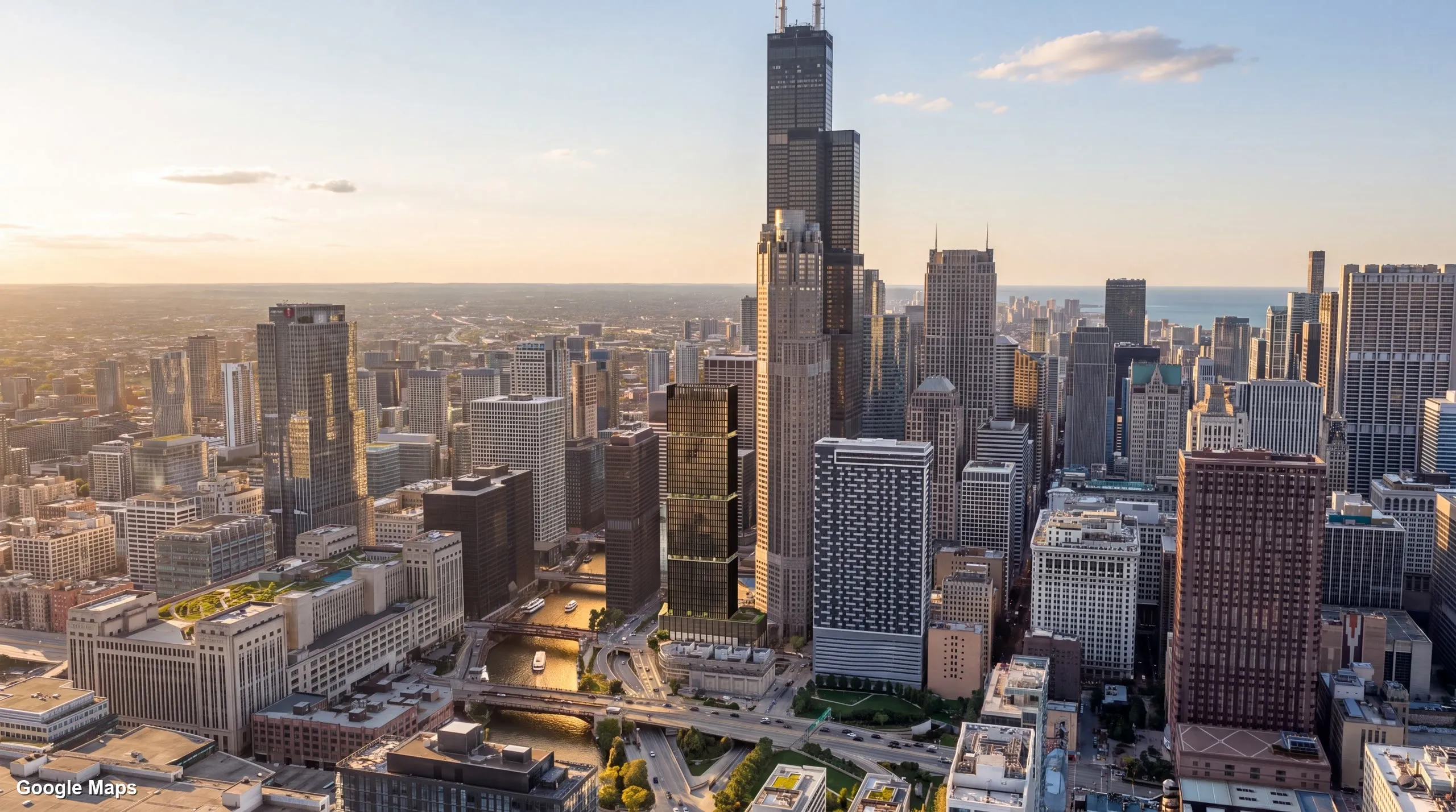 Concept tower by the Chicago River near the Willis Tower