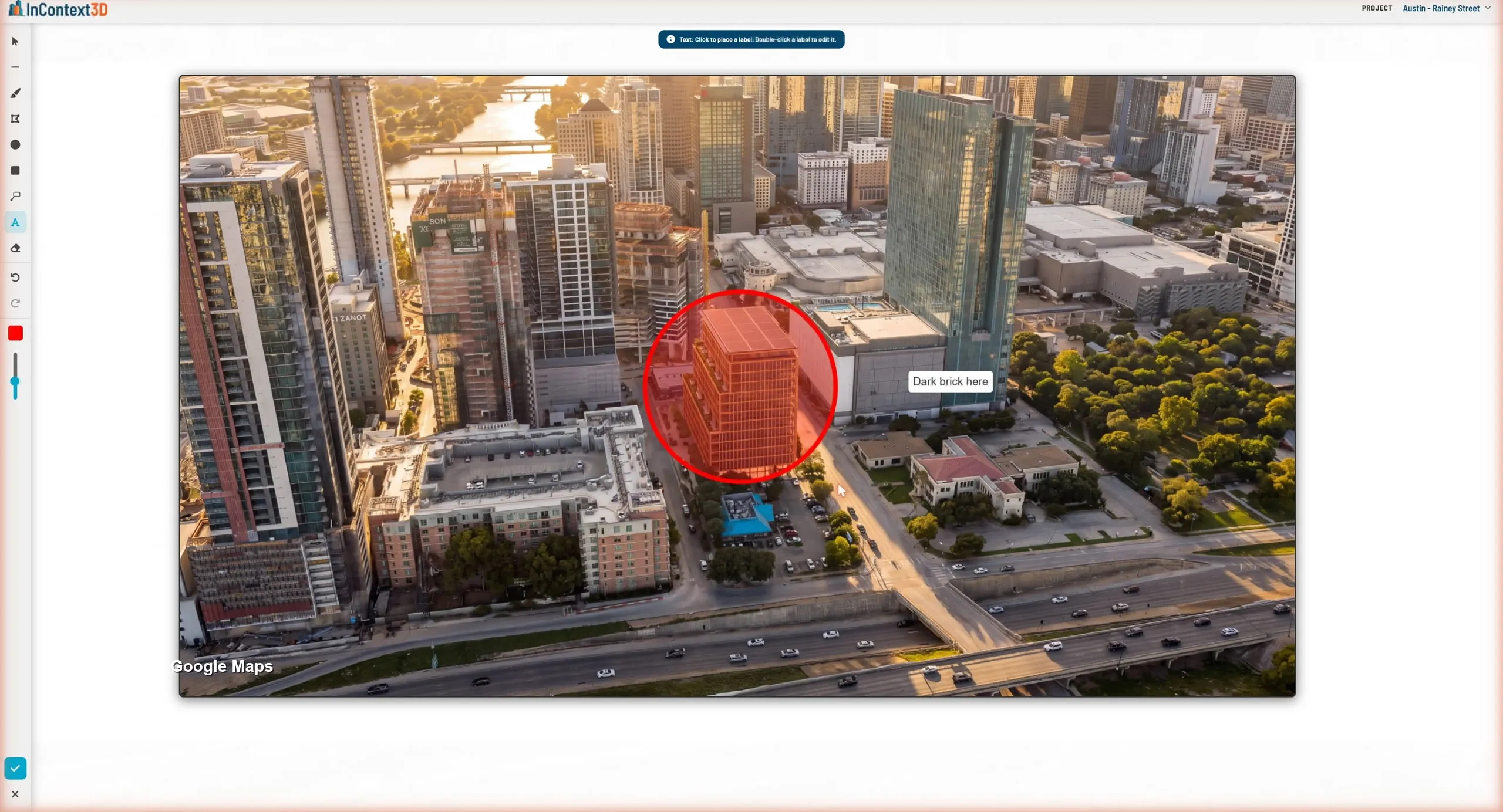 InContext3D markup tool circling a building on an AI render