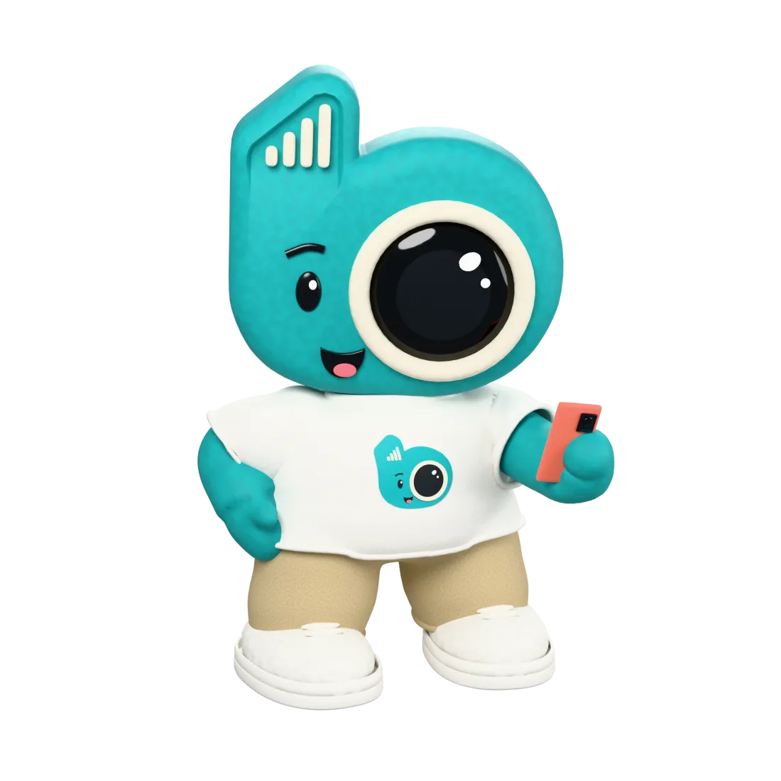 Ollie, the OllieCam mascot: a teal camera-headed character in a white T-shirt