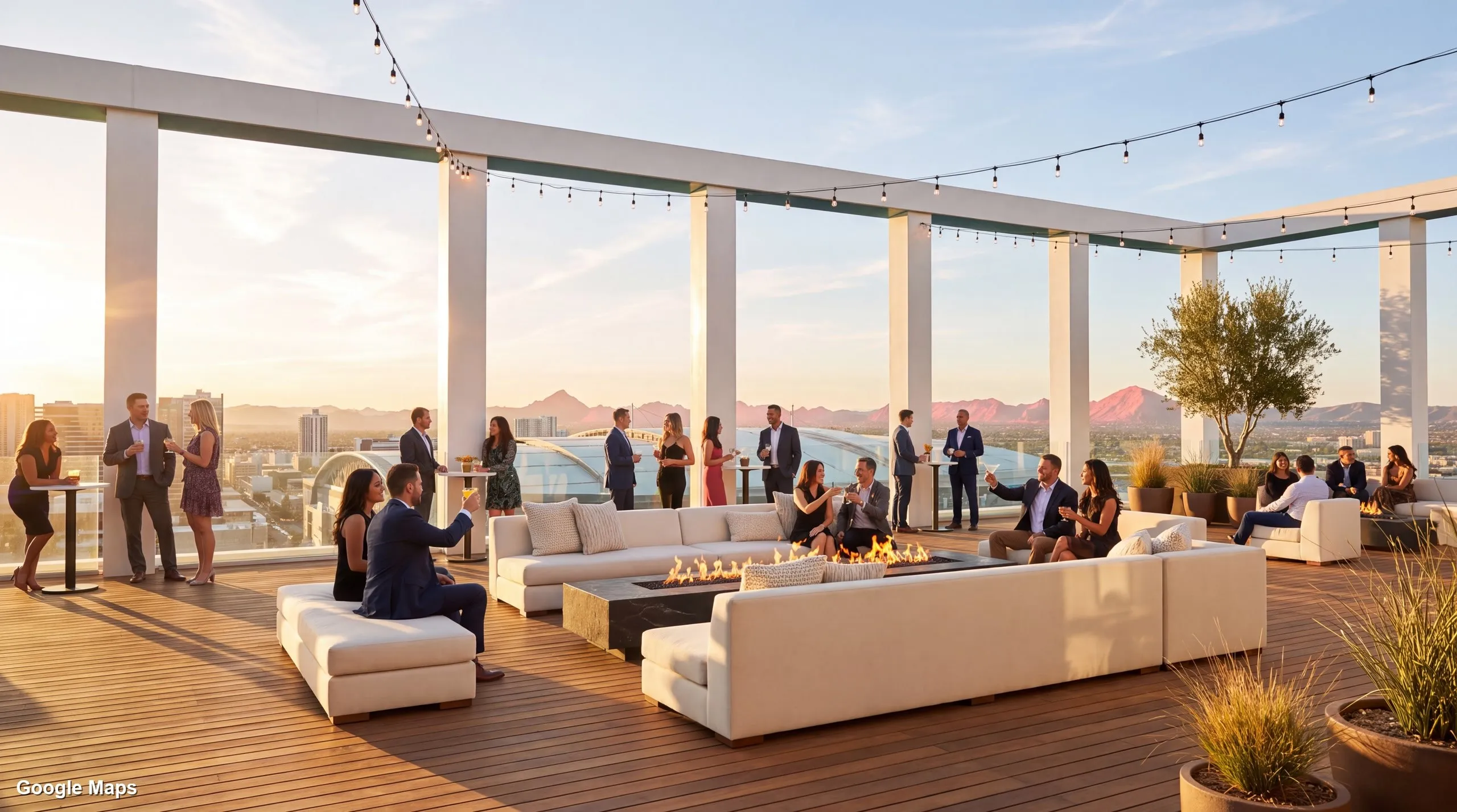 Rooftop gathering on a Phoenix concept tower at sunset