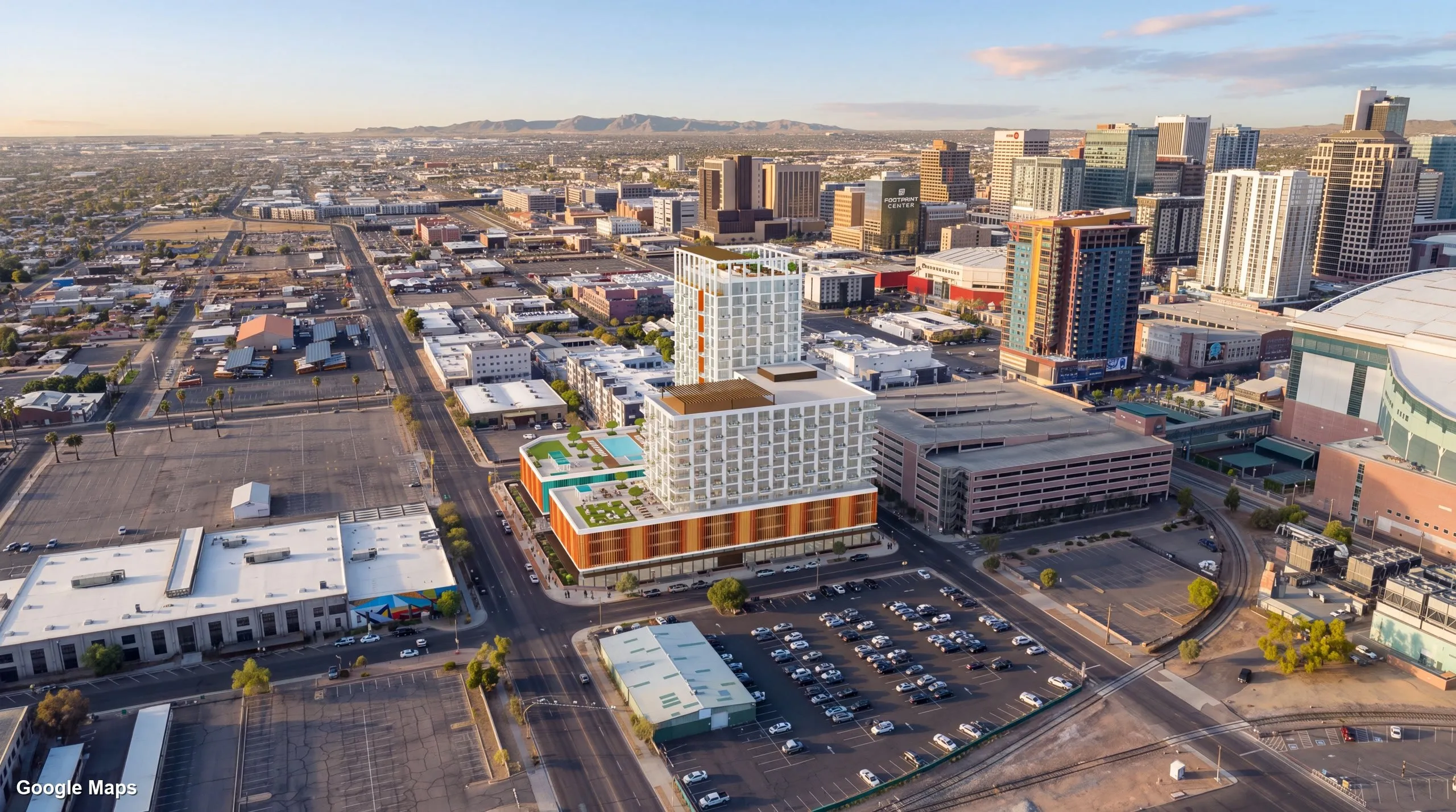 InContext3D render of a concept tower in downtown Phoenix at golden hour