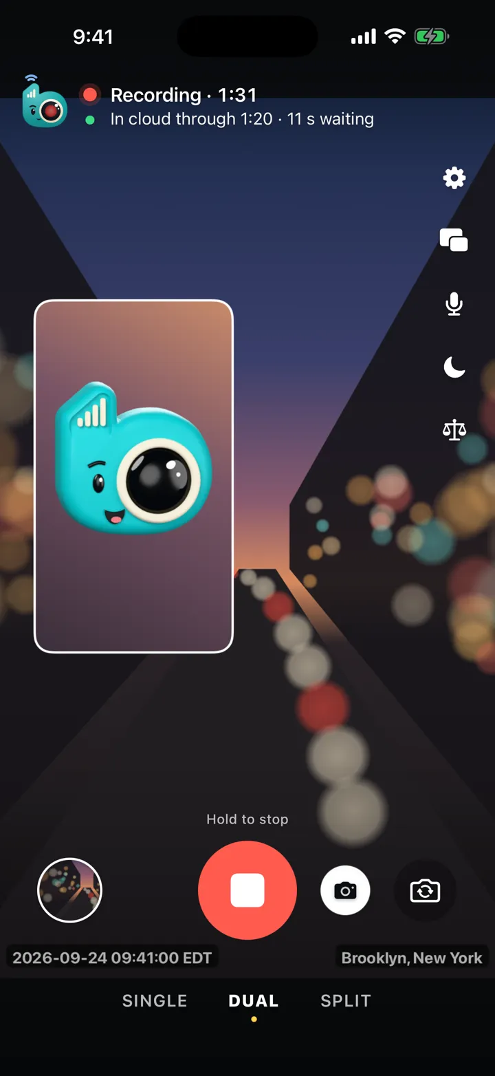 OllieCam recording screen in Dual mode, showing the cloud upload status