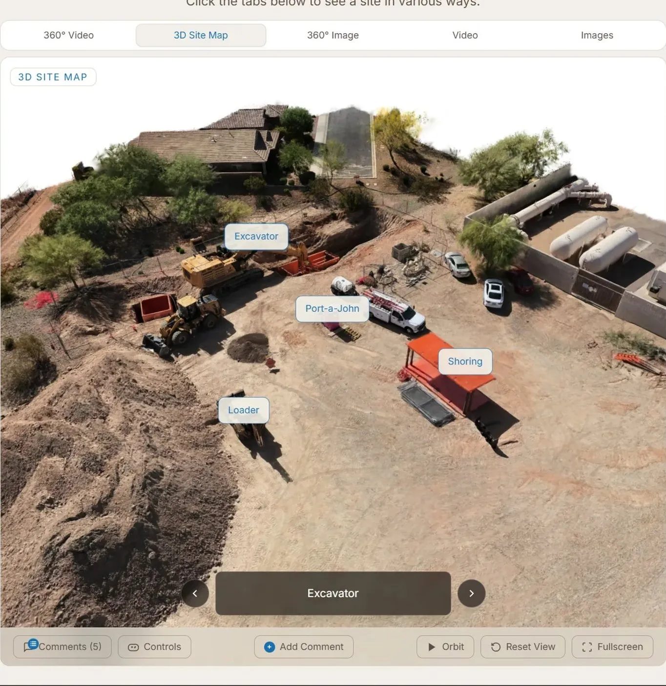 SiteLens360 platform showing a 3D site map with labeled equipment