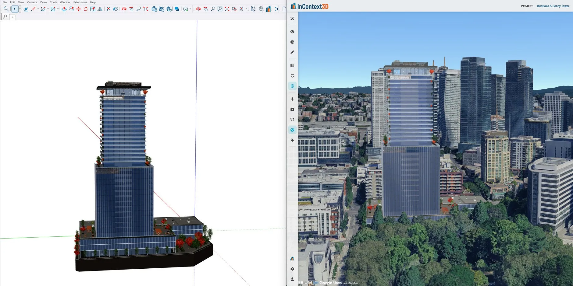 SketchUp and the InContext3D viewer side by side, built by MOUSE CLICK STUDIOS